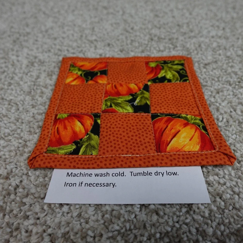 Handmade Quilted Pumpkin Mug Rug Set 2pc Orange Patchwork Cotton Coasters 6x6